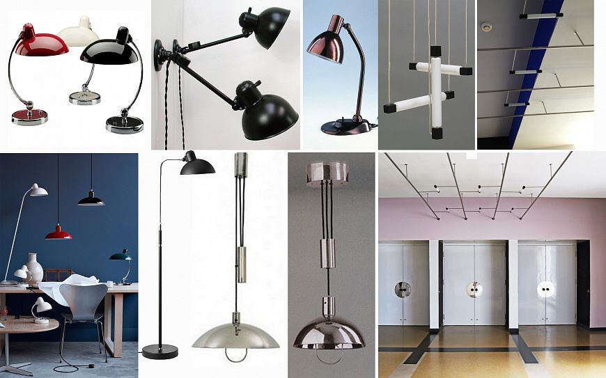 Кристиан Делл настольные лампы, торшеры, бра
Геррита Ритвельда светильники из люминесцентных трубок
Марианна Брандт Настольная лампа 1928 г. Потолочные светильники, позволяющие менять высоту лампы.