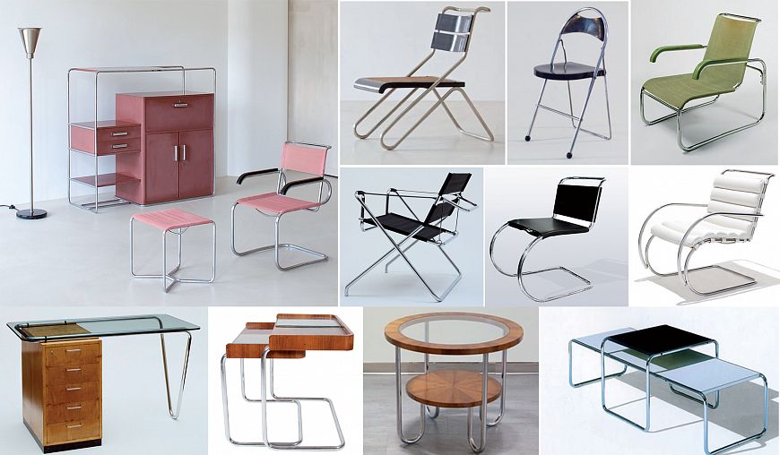 Бруно Вайль Кабинет 1932 г., Эрих Дикман Складные стулья 1931г., Брейер Марсель Лайош кресло, складной стул, Людвиг Мис ван дер Рое Стулья, Марсель Брейер Письменный стол 1935 г., Гебрюдер Т